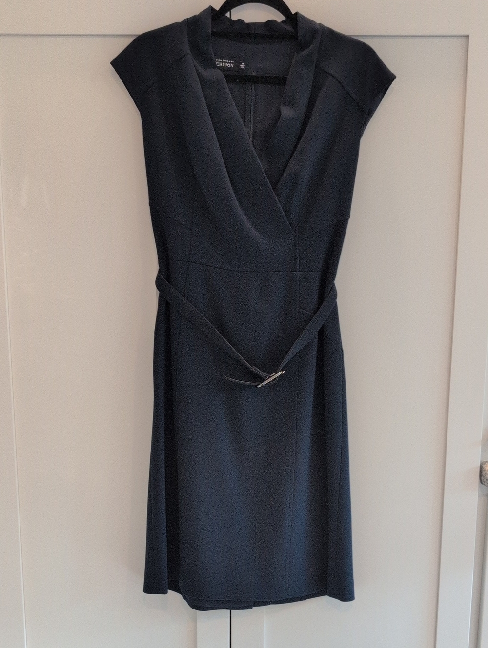 Teri Jon Classic Navy Cap-Sleeve Sheath Dress With Belt - NEW